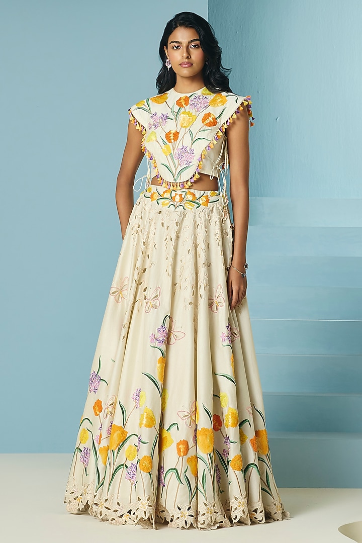 Ivory Chanderi Thread & Bead Work Wedding Lehenga by Chandrima at Pernia's Pop Up Shop