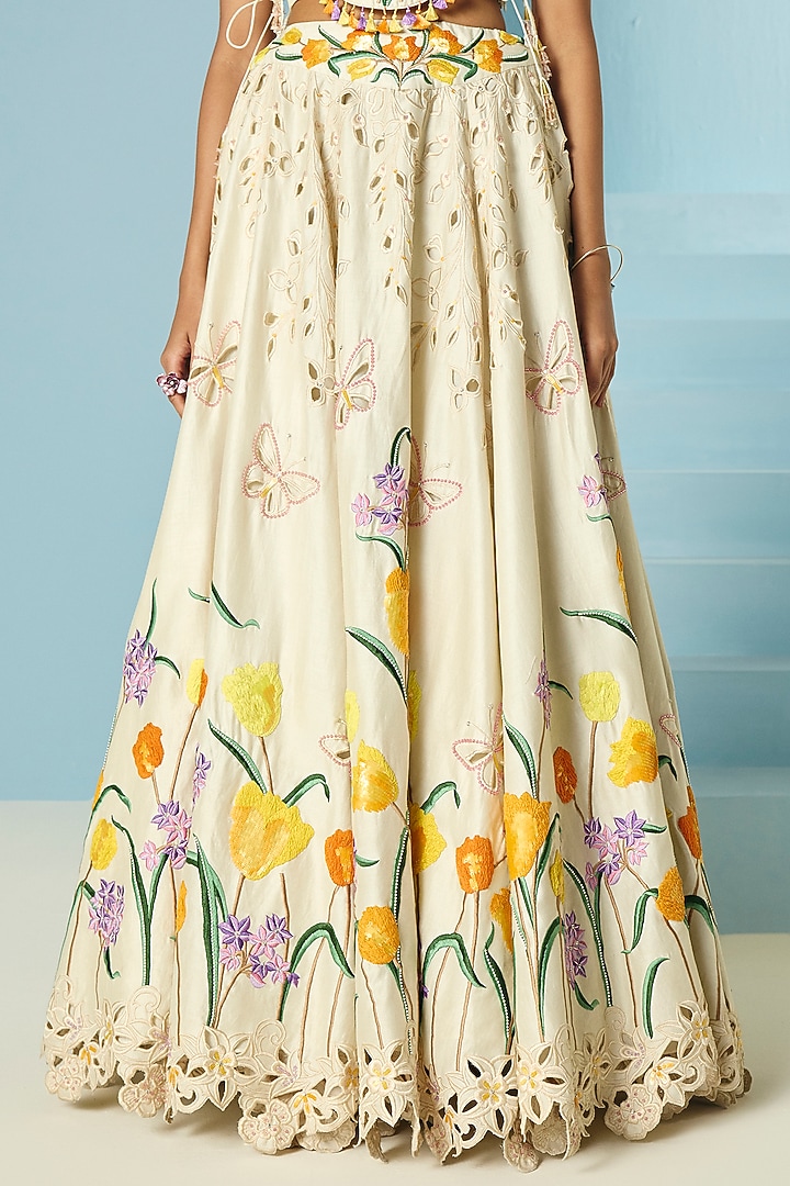 Ivory Chanderi Thread & Bead Work Wedding Lehenga by Chandrima at Pernia's Pop Up Shop