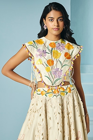 Ivory Chanderi Thread & Bead Work Cape With Bustier by Chandrima