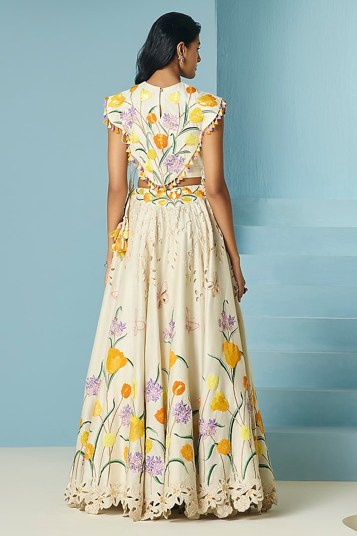Ivory Chanderi Thread & Bead Work Cape With Bustier by Chandrima at Pernia's Pop Up Shop