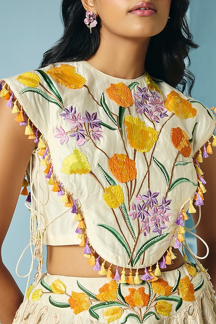 Ivory Chanderi Thread & Bead Work Cape With Bustier by Chandrima at Pernia's Pop Up Shop