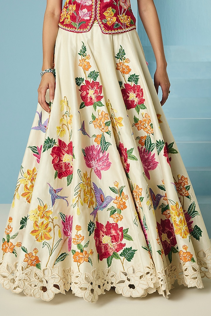 Ivory Chanderi Thread & Applique Work Wedding Lehenga by Chandrima at Pernia's Pop Up Shop