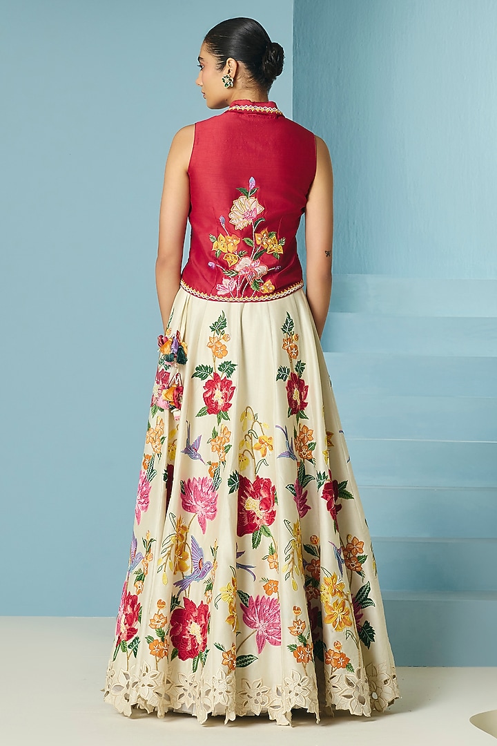 Ivory Chanderi Thread & Applique Work Wedding Lehenga by Chandrima at Pernia's Pop Up Shop