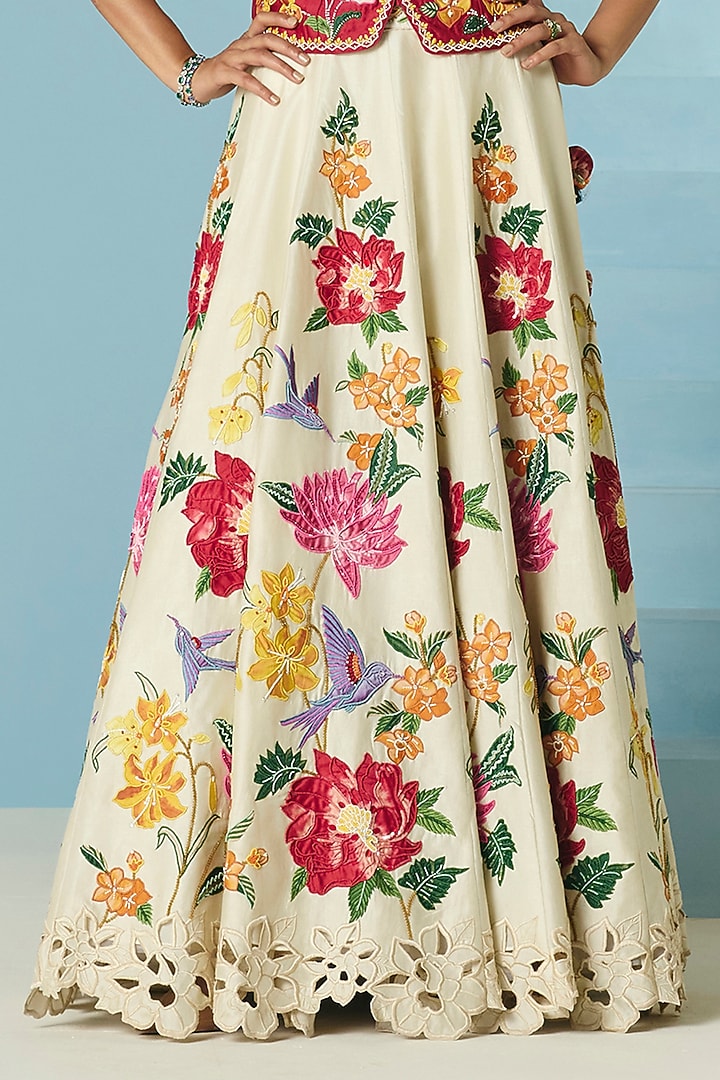 Ivory Chanderi Thread & Applique Work Wedding Lehenga by Chandrima at Pernia's Pop Up Shop
