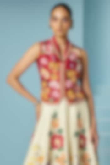 Red Chanderi Floral Applique Work Waistcoat by Chandrima at Pernia's Pop Up Shop
