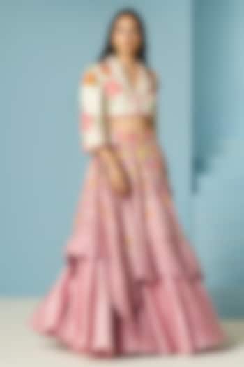 Blush Pink Chanderi Applique & Beadwork Layered Wedding Lehenga by Chandrima at Pernia's Pop Up Shop