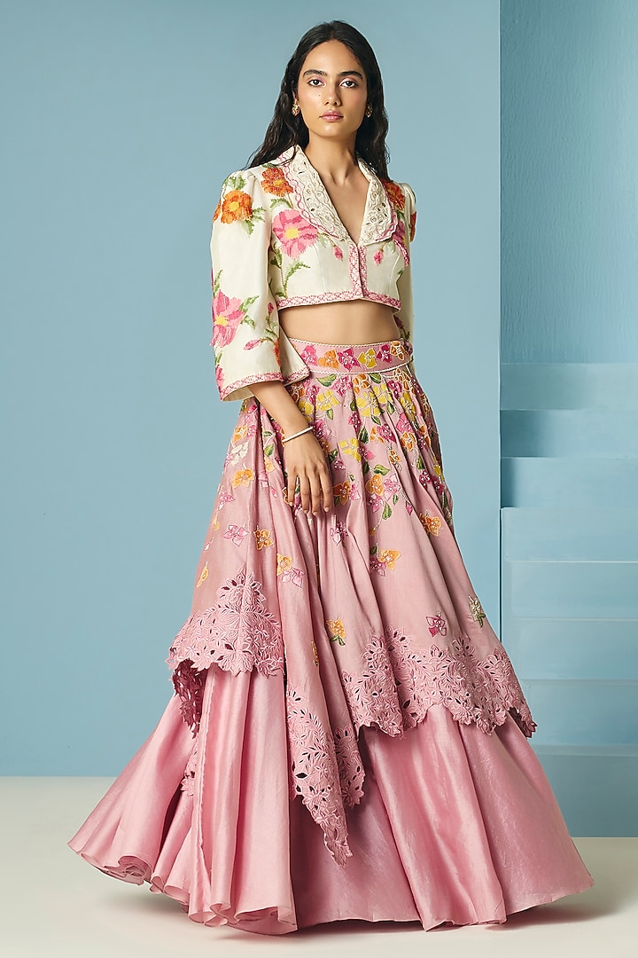 Blush Pink Chanderi Applique & Beadwork Layered Wedding Lehenga by Chandrima at Pernia's Pop Up Shop