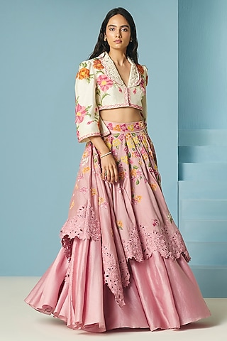 Blush Pink Chanderi Applique & Beadwork Layered Lehenga by Chandrima