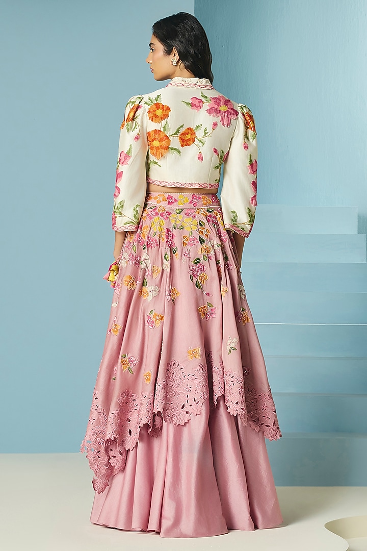 Blush Pink Chanderi Applique & Beadwork Layered Wedding Lehenga by Chandrima at Pernia's Pop Up Shop