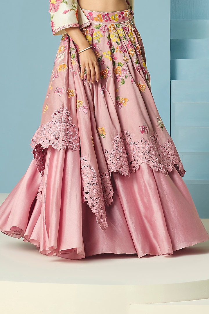 Blush Pink Chanderi Applique & Beadwork Layered Wedding Lehenga by Chandrima at Pernia's Pop Up Shop