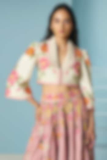 Ivory Chanderi Floral & Bead Work Bolero Jacket by Chandrima at Pernia's Pop Up Shop