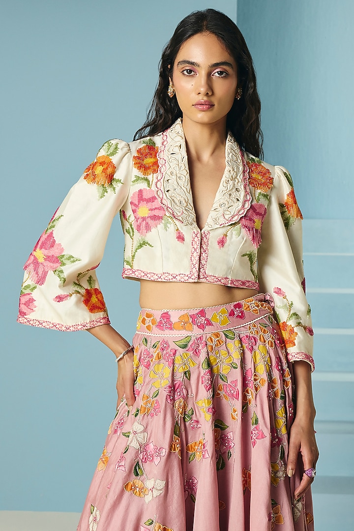 Ivory Chanderi Floral & Bead Work Bolero Jacket by Chandrima at Pernia's Pop Up Shop