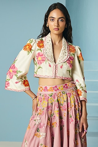 Ivory Chanderi Floral & Bead Work Bolero Jacket by Chandrima