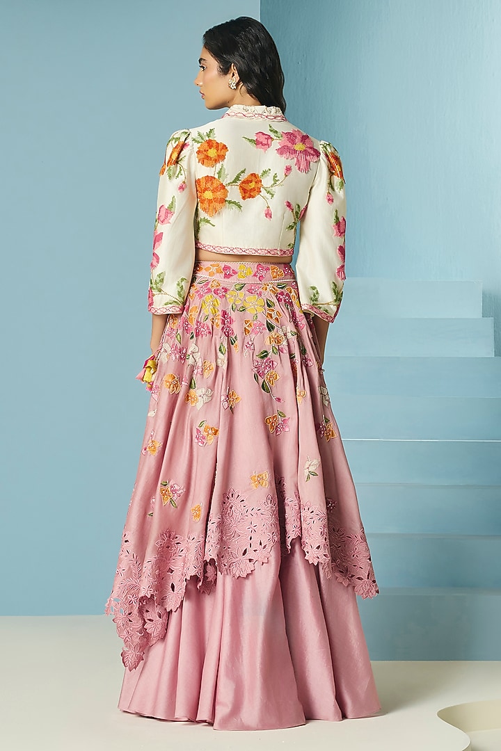 Ivory Chanderi Floral & Bead Work Bolero Jacket by Chandrima at Pernia's Pop Up Shop