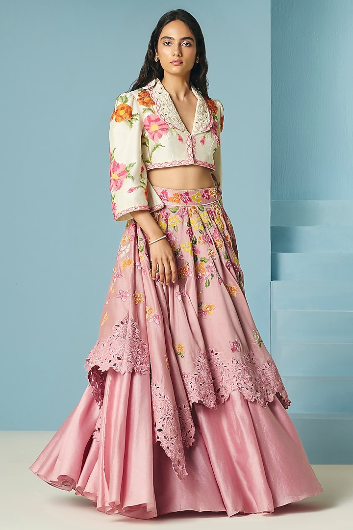Ivory Chanderi Floral & Bead Work Bolero Jacket by Chandrima at Pernia's Pop Up Shop
