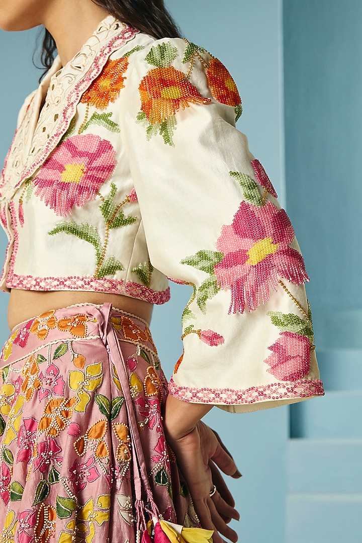 Ivory Chanderi Floral & Bead Work Bolero Jacket by Chandrima at Pernia's Pop Up Shop