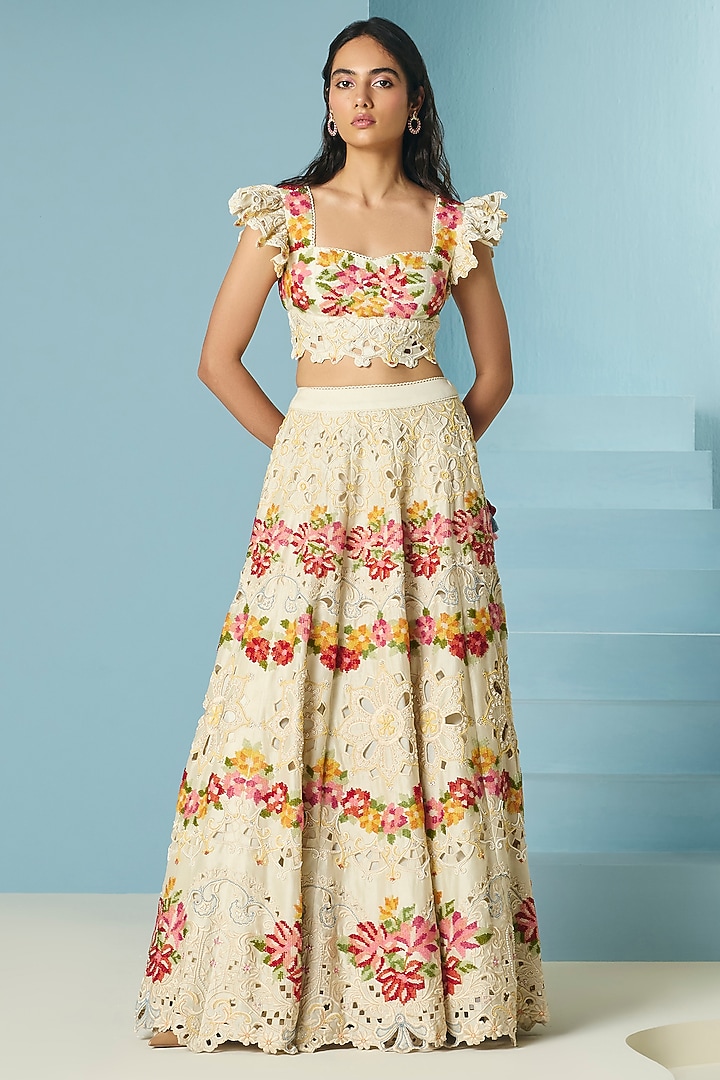 Ivory Chanderi Cutwork & Bead Work Bridal Lehenga by Chandrima at Pernia's Pop Up Shop