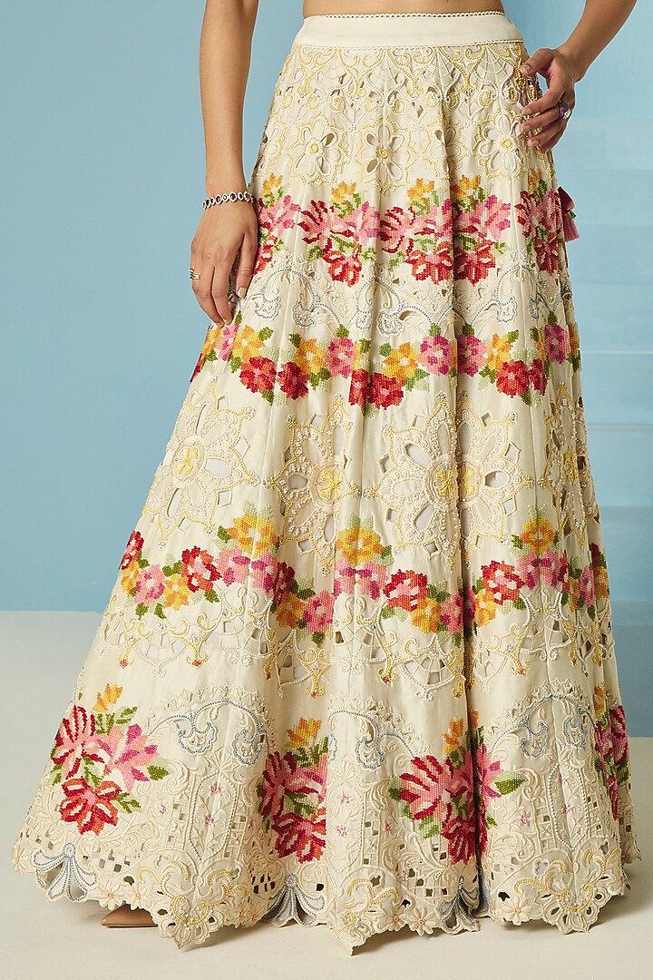 Ivory Chanderi Cutwork & Bead Work Bridal Lehenga by Chandrima at Pernia's Pop Up Shop
