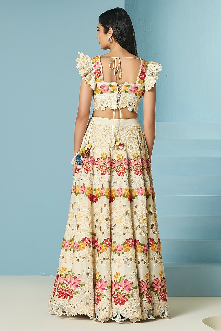 Ivory Chanderi Cutwork & Bead Work Bridal Lehenga by Chandrima at Pernia's Pop Up Shop