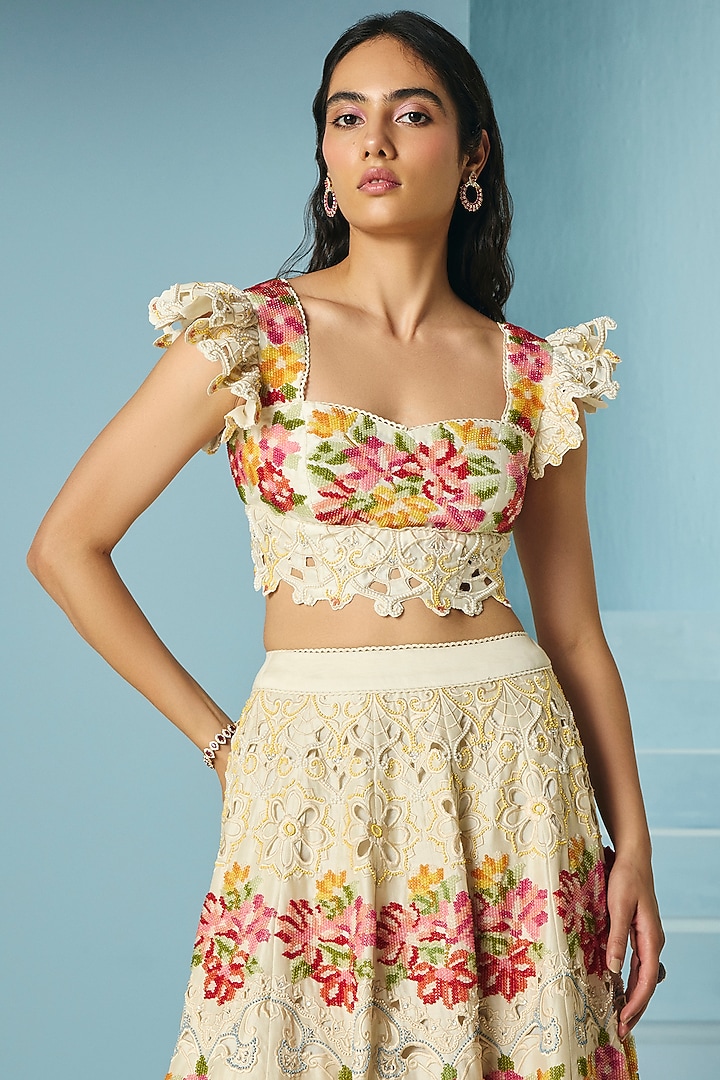 Ivory Chanderi Cutwork & Bead Work Bustier by Chandrima at Pernia's Pop Up Shop