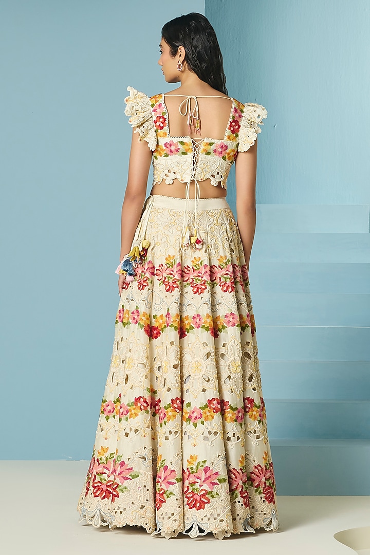 Ivory Chanderi Cutwork & Bead Work Bustier by Chandrima at Pernia's Pop Up Shop