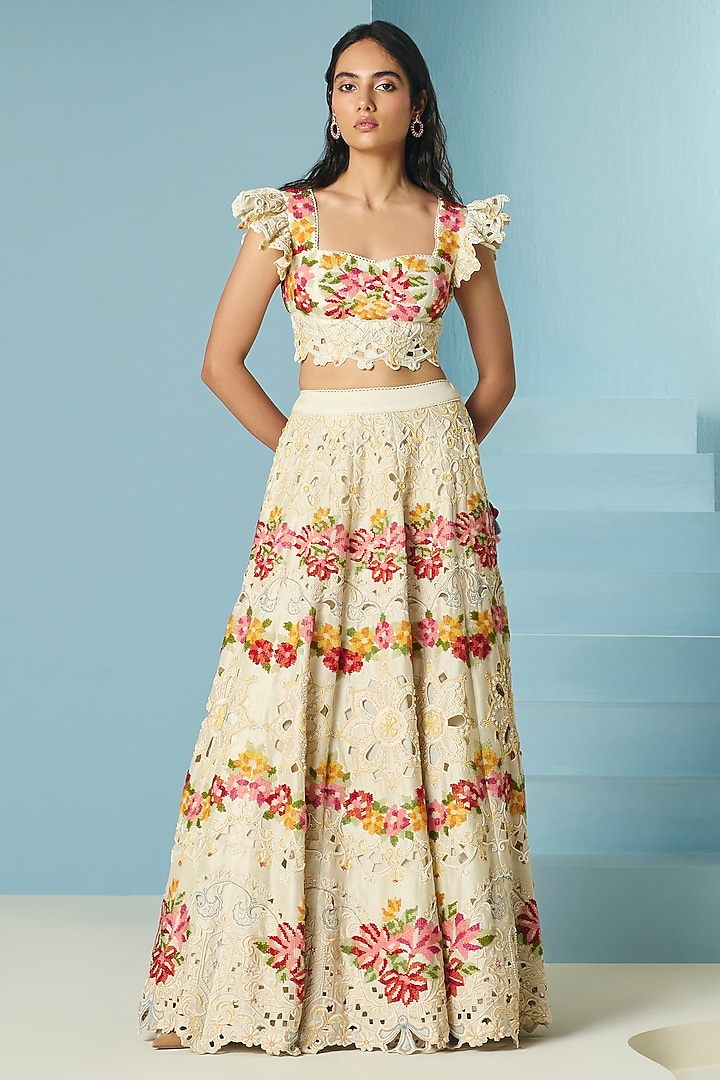 Ivory Chanderi Cutwork & Bead Work Bustier by Chandrima at Pernia's Pop Up Shop