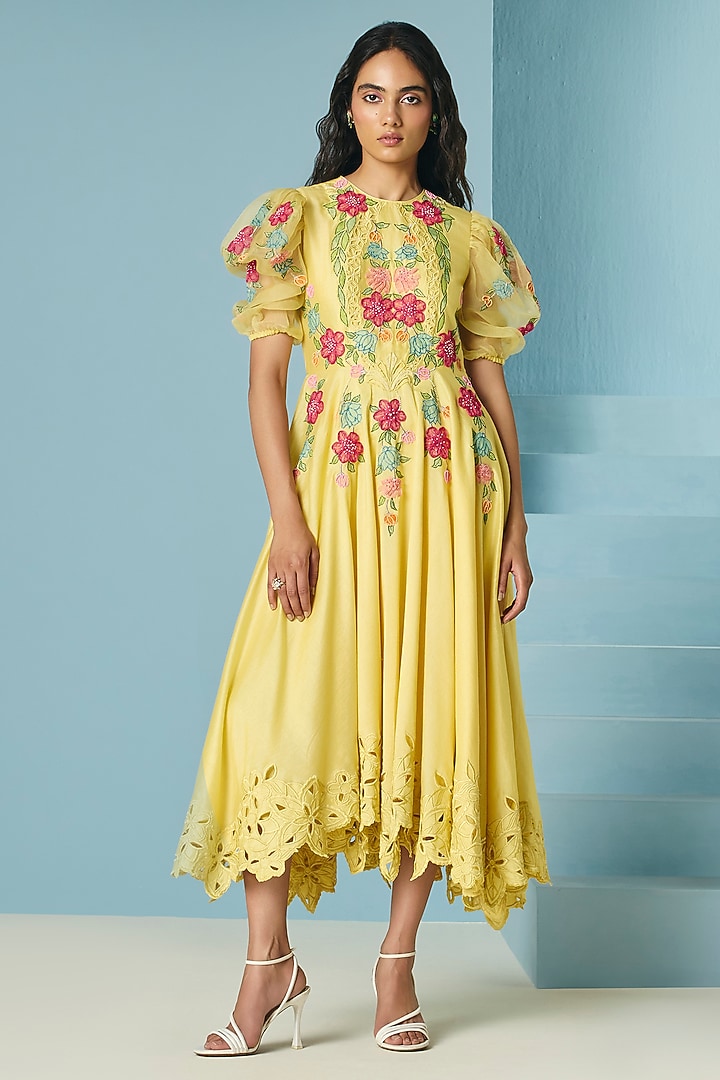 Butter Yellow Chanderi Bead & Applique Work Cocktail Dress by Chandrima at Pernia's Pop Up Shop