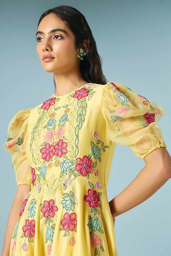 Butter Yellow Chanderi Bead & Applique Work Cocktail Dress by Chandrima at Pernia's Pop Up Shop