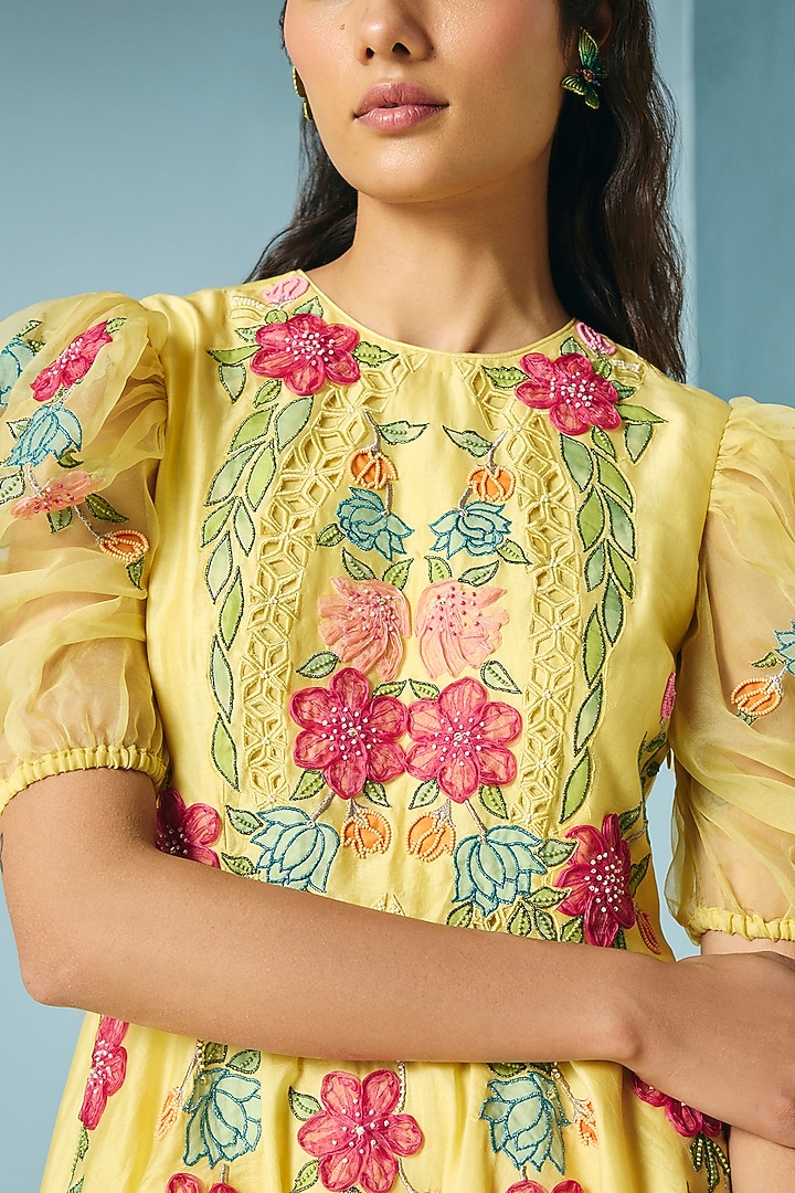 Butter Yellow Chanderi Bead & Applique Work Cocktail Dress by Chandrima at Pernia's Pop Up Shop