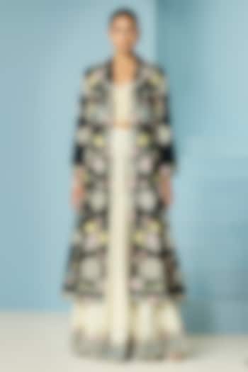 Black Chanderi 3D Floral & Thread Work Long Flared Jacket by Chandrima at Pernia's Pop Up Shop
