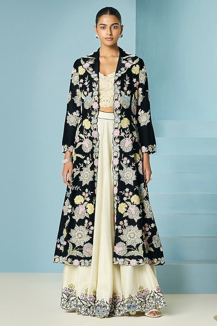 Black Chanderi 3D Floral & Thread Work Long Flared Jacket by Chandrima at Pernia's Pop Up Shop