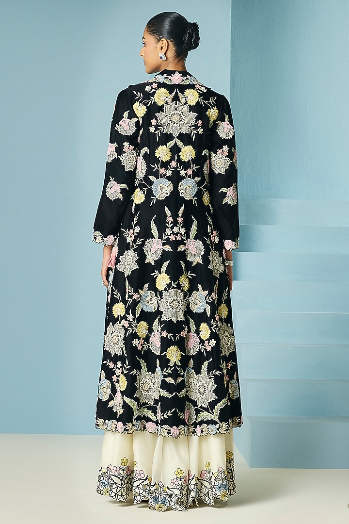 Black Chanderi 3D Floral & Thread Work Long Flared Jacket by Chandrima at Pernia's Pop Up Shop