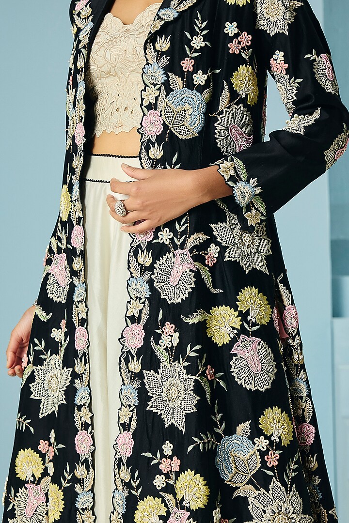 Black Chanderi 3D Floral & Thread Work Long Flared Jacket by Chandrima at Pernia's Pop Up Shop