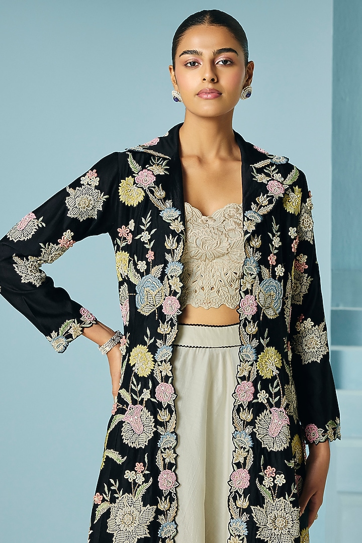 Black Chanderi 3D Floral & Thread Work Long Flared Jacket by Chandrima at Pernia's Pop Up Shop