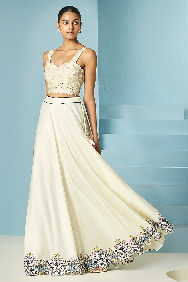 Ivory Chanderi Cutwork Wedding Lehenga by Chandrima at Pernia's Pop Up Shop
