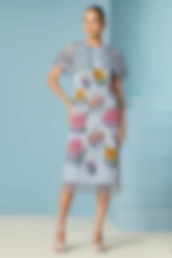 Powder Blue Cotton Twill Floral Beadwork Cocktail Dress by Chandrima at Pernia's Pop Up Shop