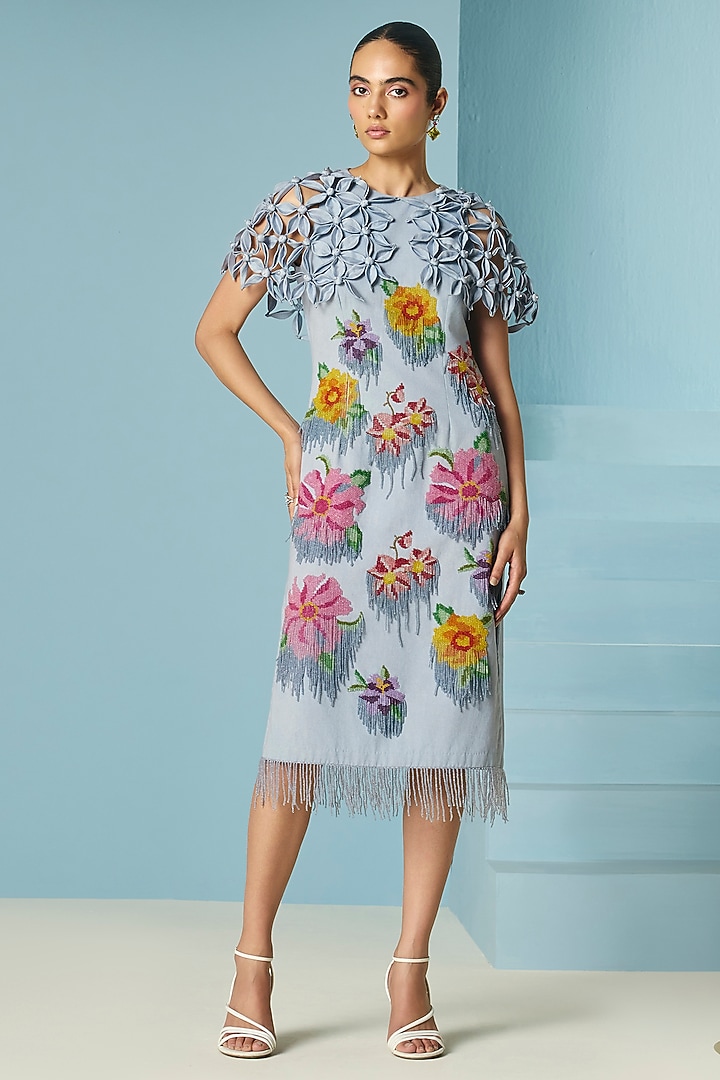 Powder Blue Cotton Twill Floral Beadwork Cocktail Dress by Chandrima at Pernia's Pop Up Shop
