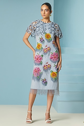 Powder Blue Cotton Twill Floral Beadwork Dress by Chandrima