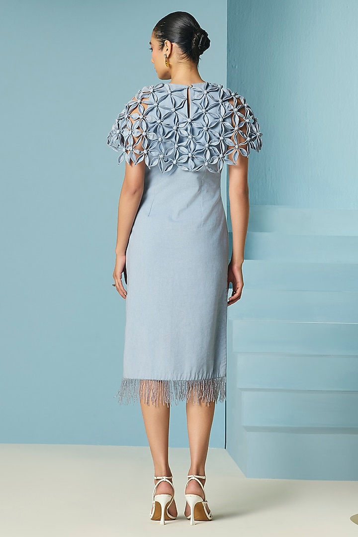 Powder Blue Cotton Twill Floral Beadwork Cocktail Dress by Chandrima at Pernia's Pop Up Shop