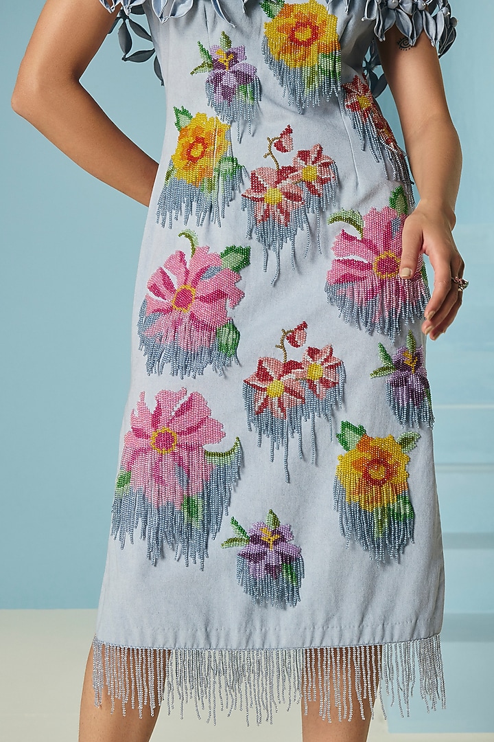 Powder Blue Cotton Twill Floral Beadwork Cocktail Dress by Chandrima at Pernia's Pop Up Shop