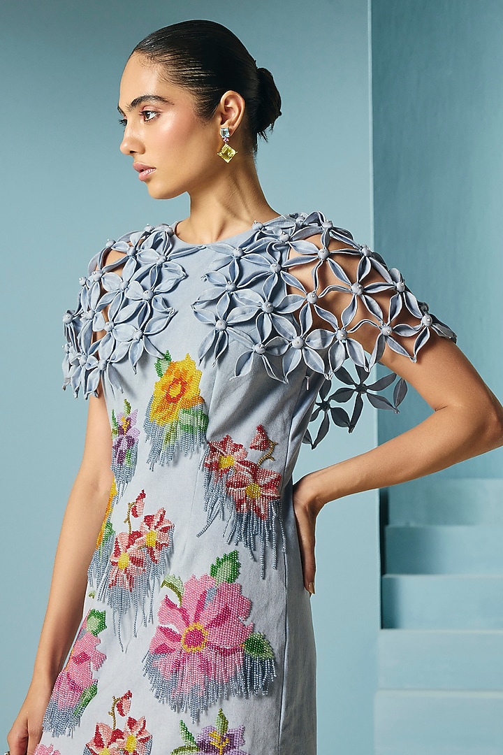 Powder Blue Cotton Twill Floral Beadwork Cocktail Dress by Chandrima at Pernia's Pop Up Shop