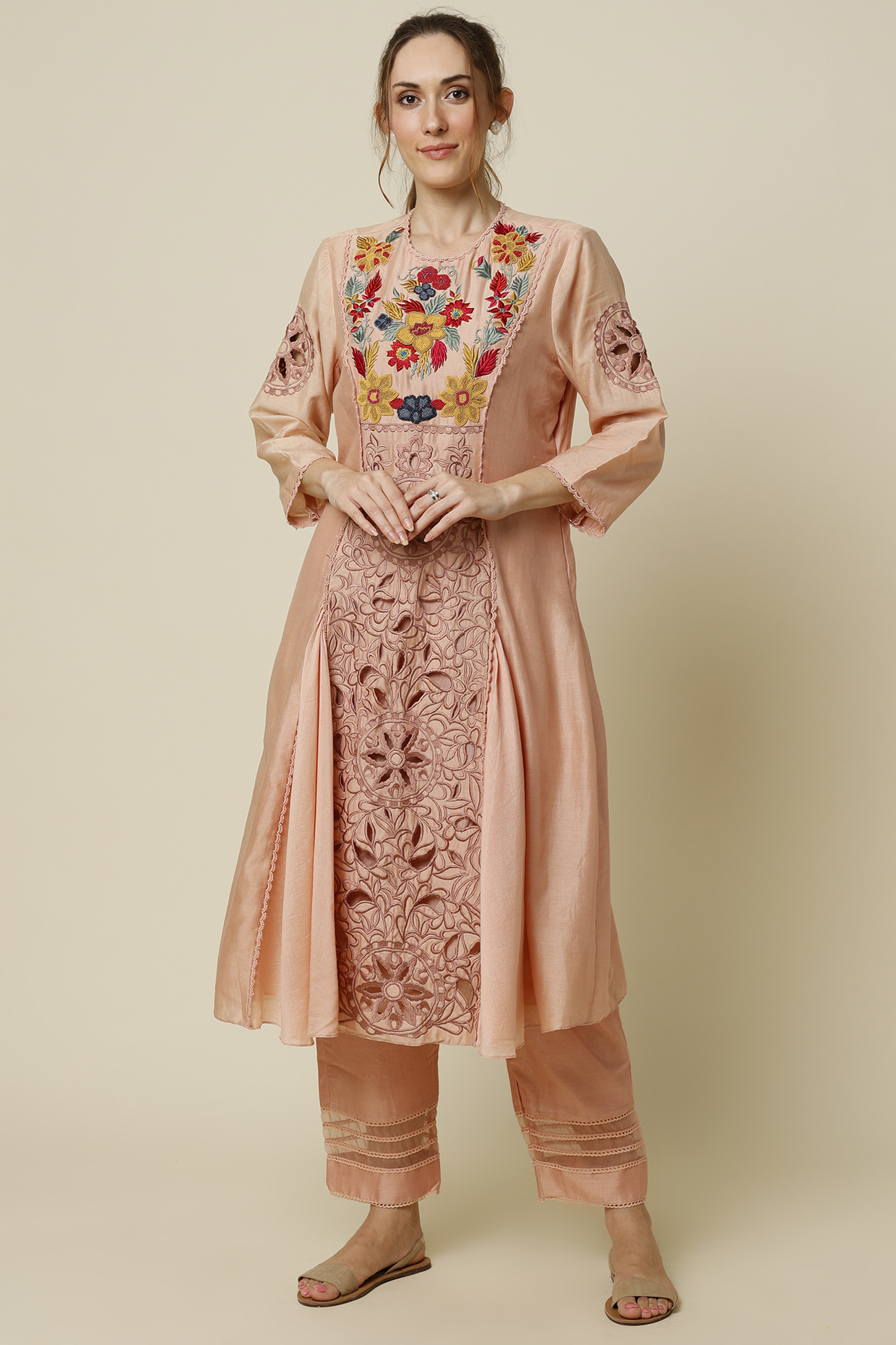 Peach Chanderi Embroidered Kurta set
 by Chandrima at Pernia's Pop Up Shop