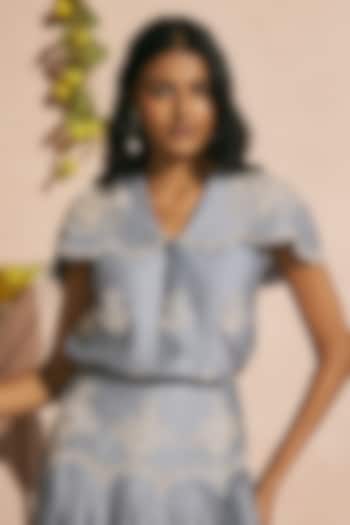 Powder Blue Chanderi Cutwork Top by Chandrima at Pernia's Pop Up Shop