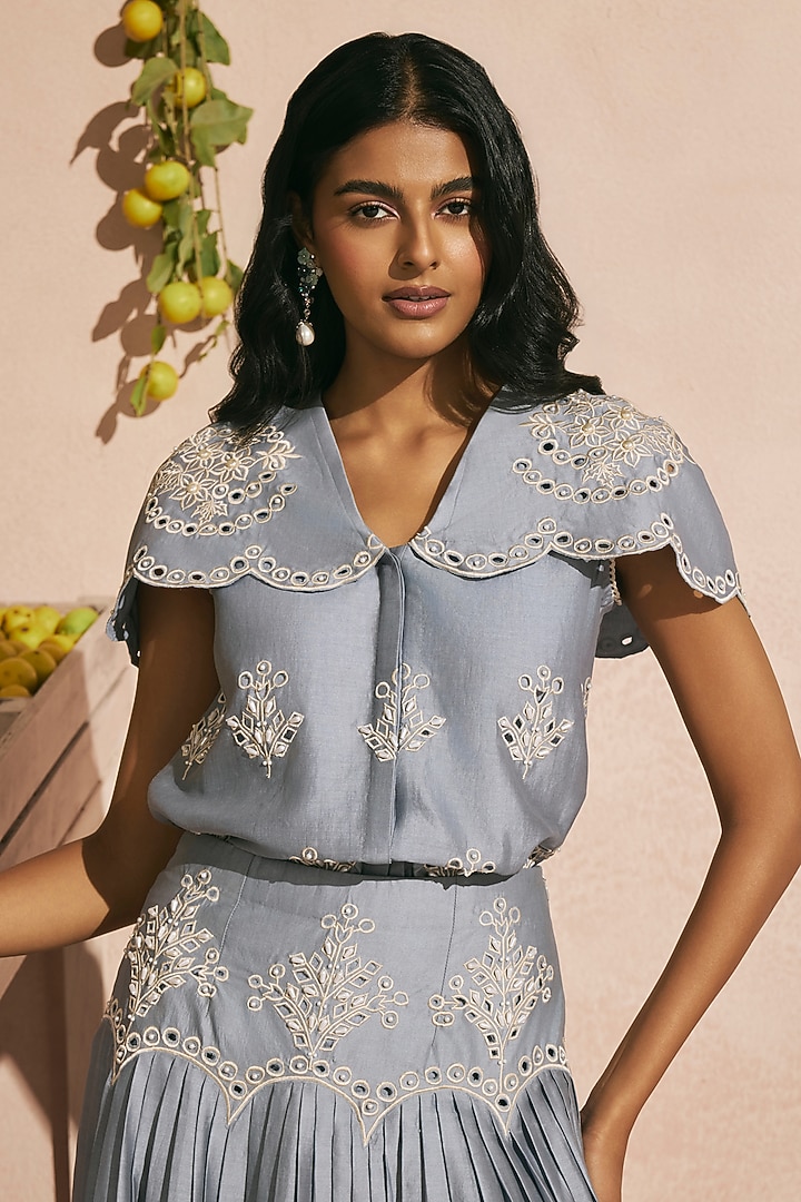 Powder Blue Chanderi Cutwork Top by Chandrima at Pernia's Pop Up Shop