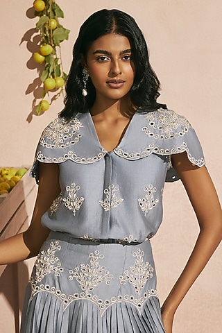 Powder Blue Chanderi Cutwork Top by Chandrima