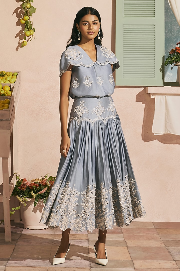 Powder Blue Chanderi Cutwork Top by Chandrima at Pernia's Pop Up Shop