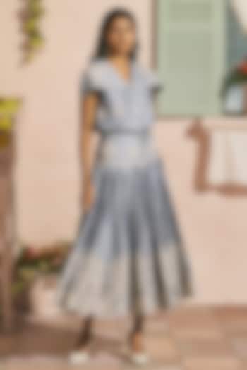 Powder Blue Chanderi Cutwork Pleated Skirt by Chandrima at Pernia's Pop Up Shop