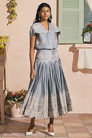 Powder Blue Chanderi Cutwork Pleated Skirt by Chandrima