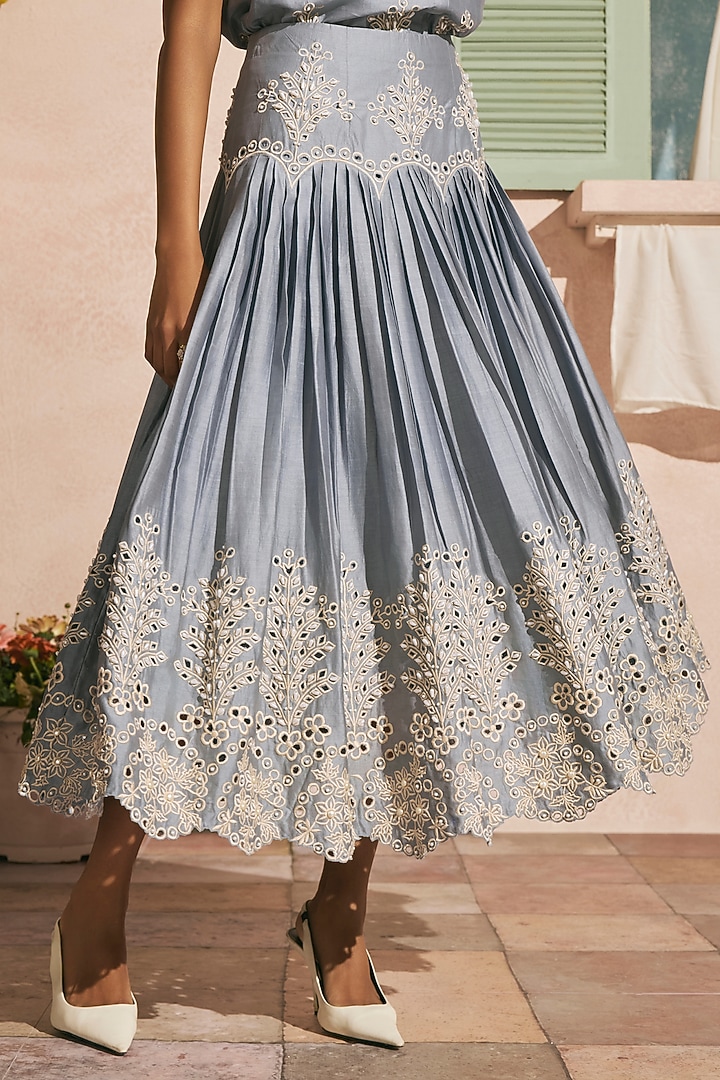 Powder Blue Chanderi Cutwork Pleated Skirt by Chandrima at Pernia's Pop Up Shop