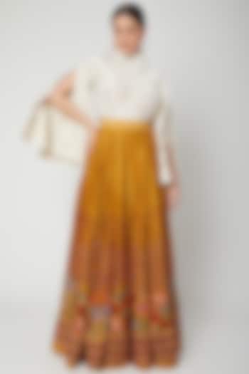 Mustard Chanderi Thread Embroidered Pleated Maxi Skirt by Chandrima